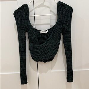 Self-Portrait Dark Green Ribbed Long Sleeve Top